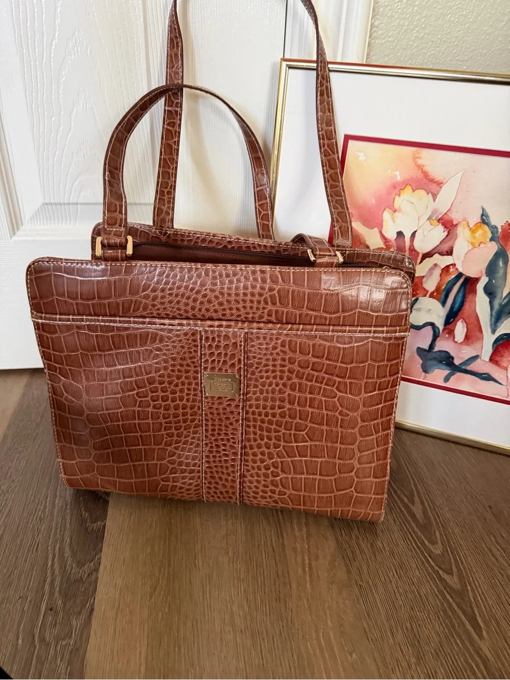 Vintage Liz Claiborne Brown Croc-Embossed Tote Bag